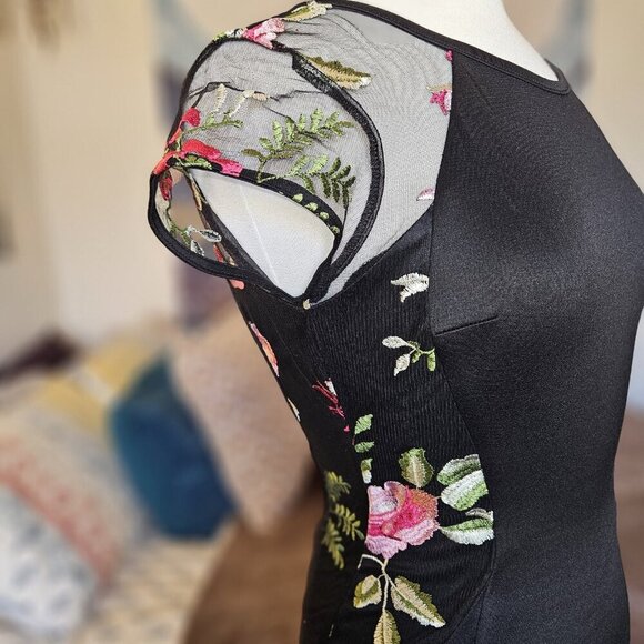 BCX Black Floral Bodycon Mini Dress - Size 5 Short Sleeve Party/Clubwear - Picture 9 of 13